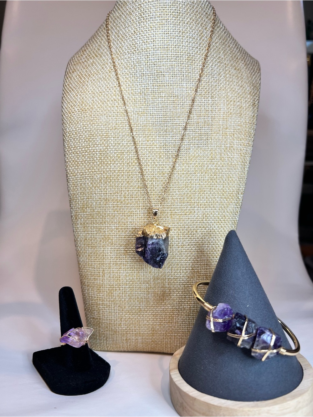 NEW 3pcs copper gold tone raw unpolished amethyst wired wrapped jewelry set